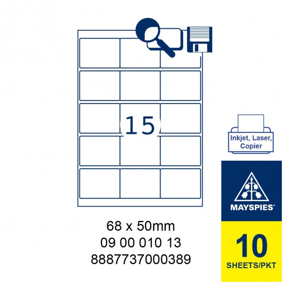 MAYSPIES 09 00 010 13 LABEL FOR INKJET / LASER / COPIER 10 SHEETS/PKT WHITE 68 X 50MM